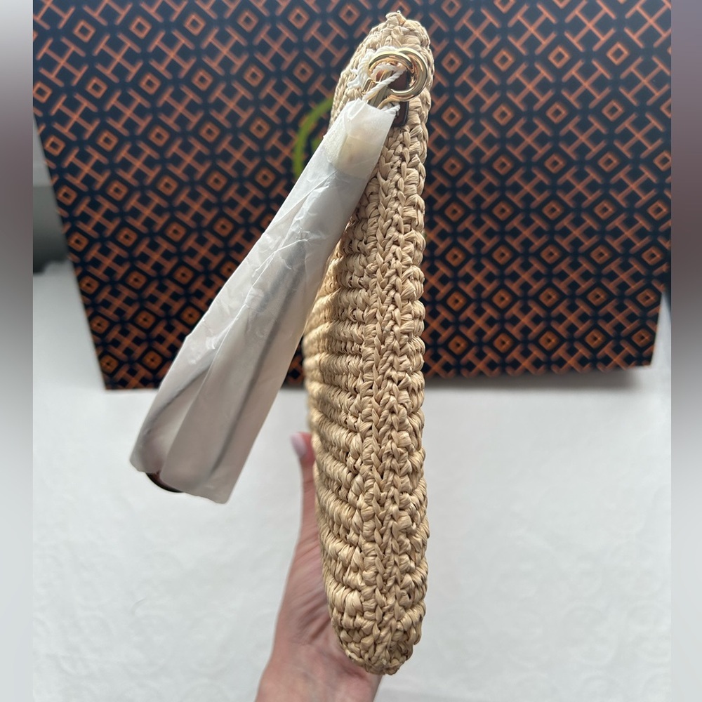 Tory Burch Thea Raffia Pouch Wristlet Bag Coffee Cream - Picture 4 of 11